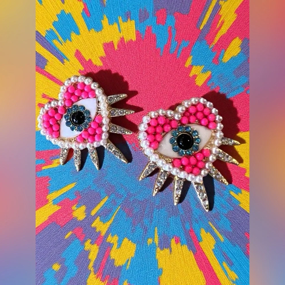 Pink White Gold Heart Rhinestone Evil Eye Post Earrings with Spikes